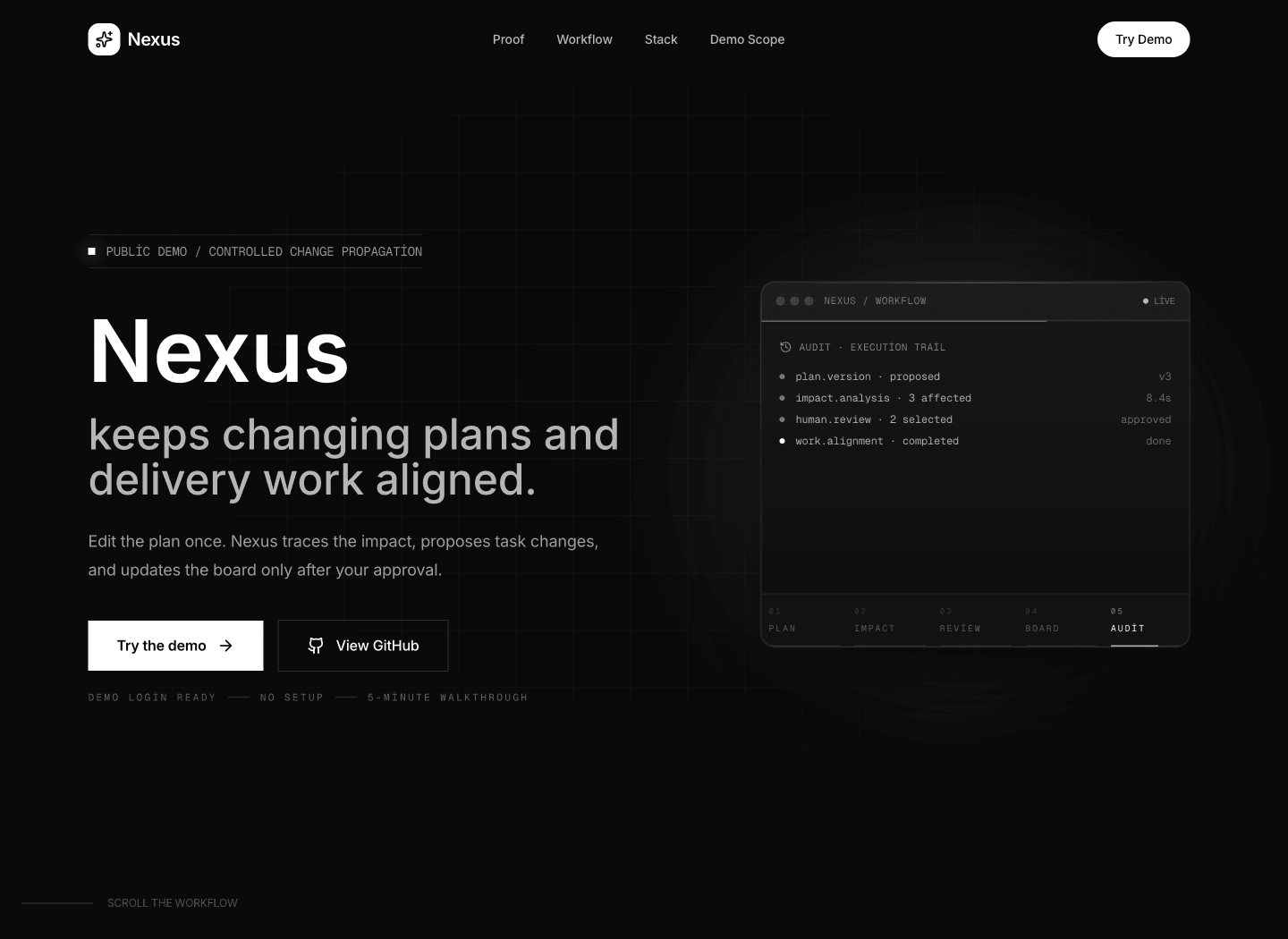 Kontrollü plan değişikliği akışını gösteren Nexus açılış sayfası.
