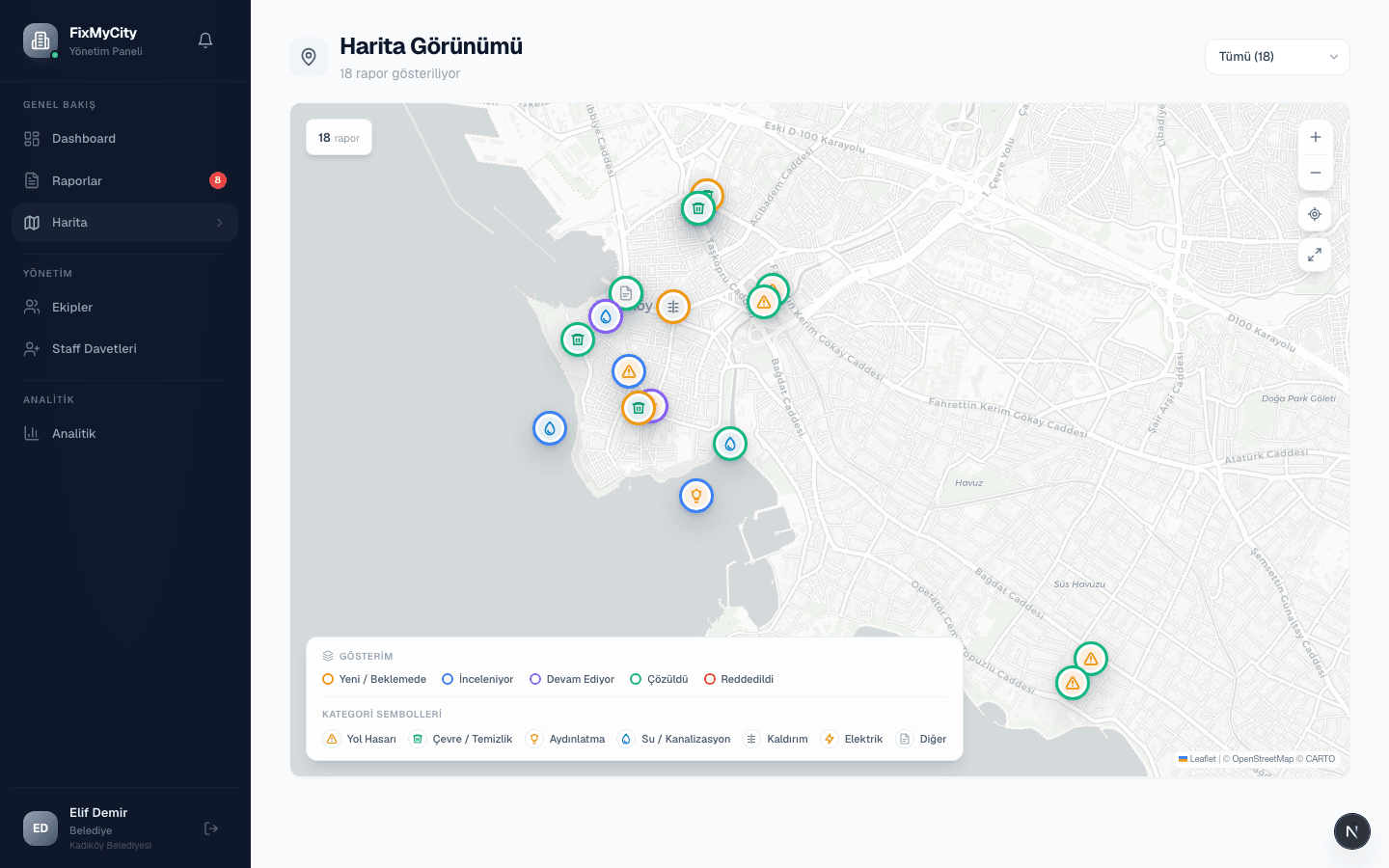 Live FixMyCity operations map showing geolocated civic reports in the admin panel.